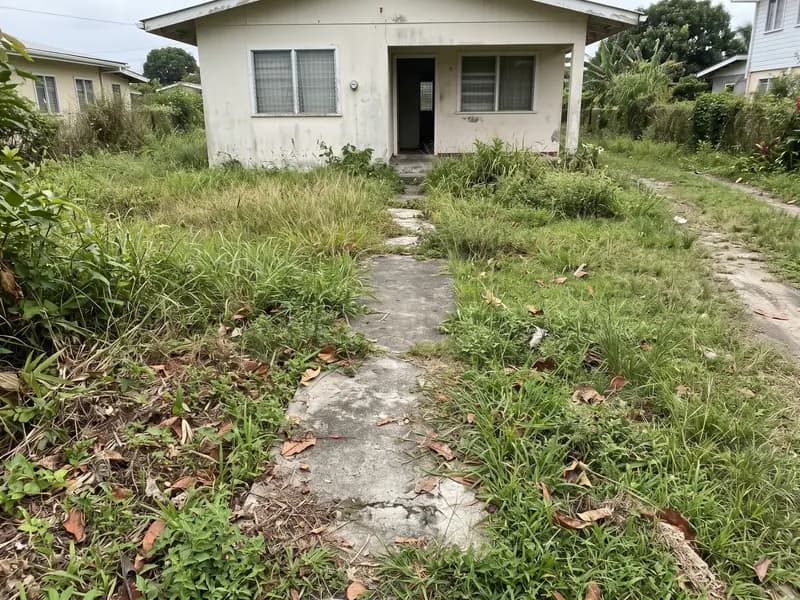 Record photograph taken before the visit: the front lawn overgrown, grass encroaching over the concrete path.